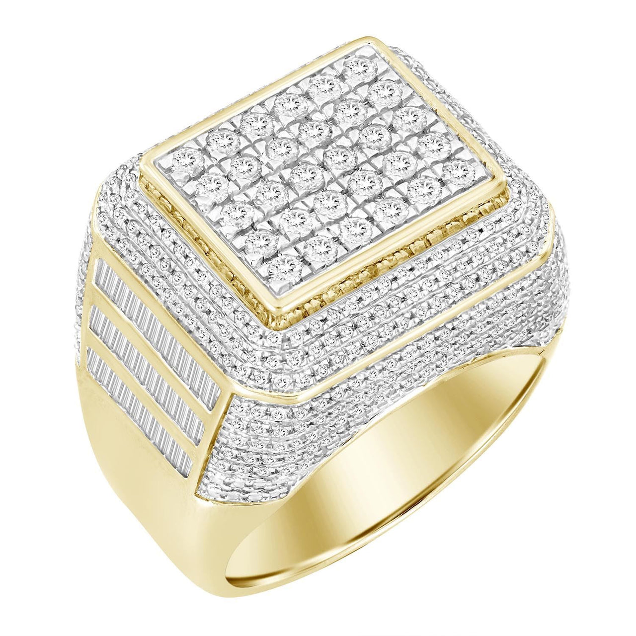 MEN'S RING 2 CT ROUND/BAGUETTE DIAMOND 14K YELLOW GOLD