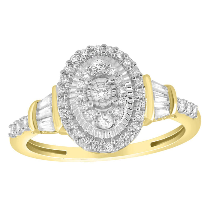 LADIES DIAMOND RING 1/2 CT ROUND/BAGUETTE DIAMOND 10K YELlOW GOLD