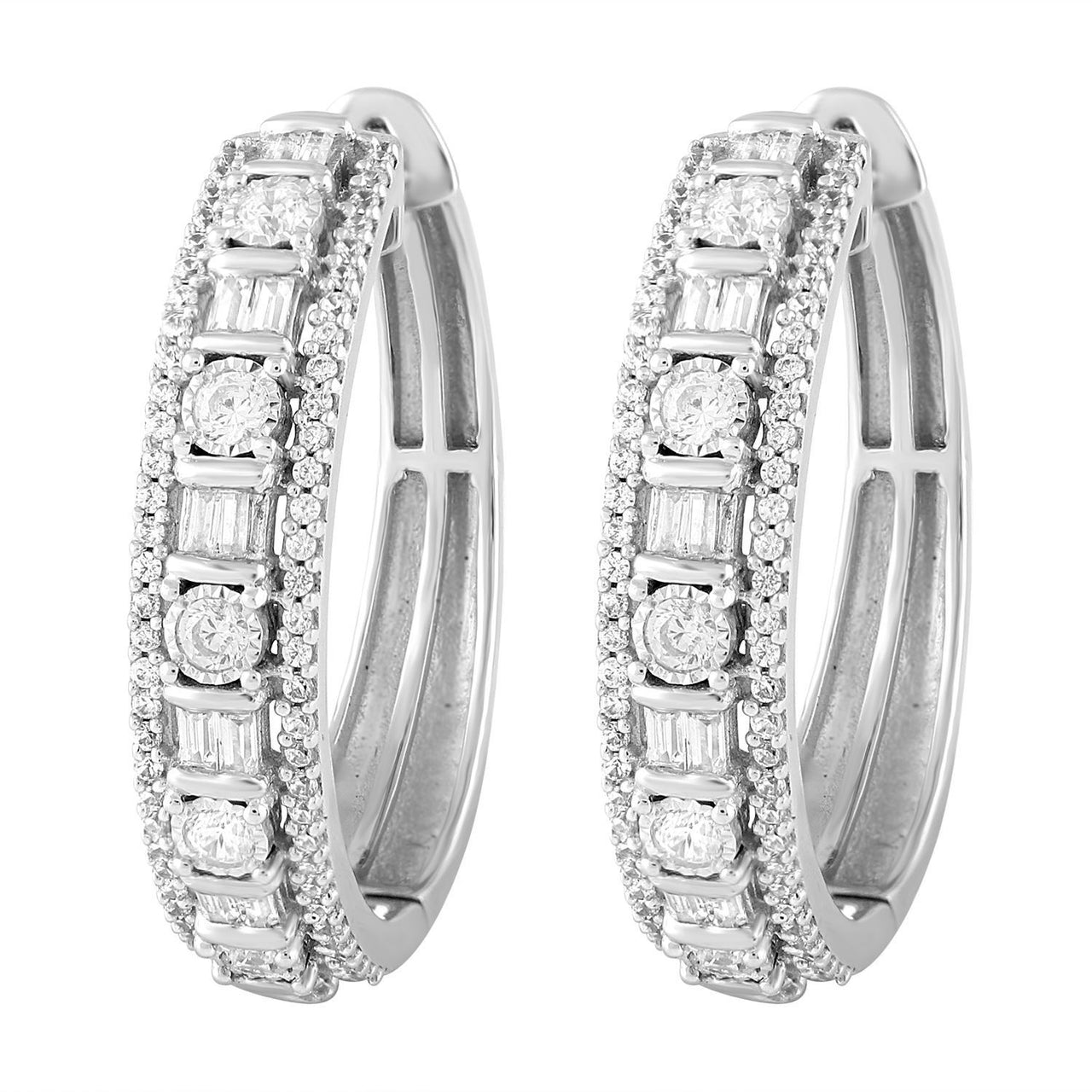 LADIES HOOPS 1 CT ROUND/BAGUETTE DIAMOND 10K WHITE GOLD