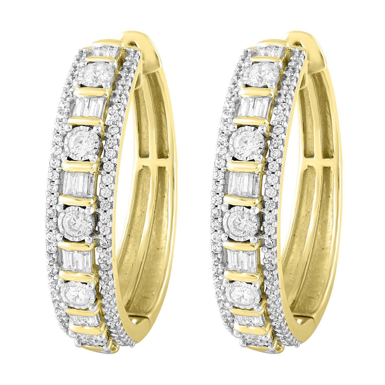 LADIES HOOPS 1 CT ROUND/BAGUETTE DIAMOND 10K YELLOW GOLD