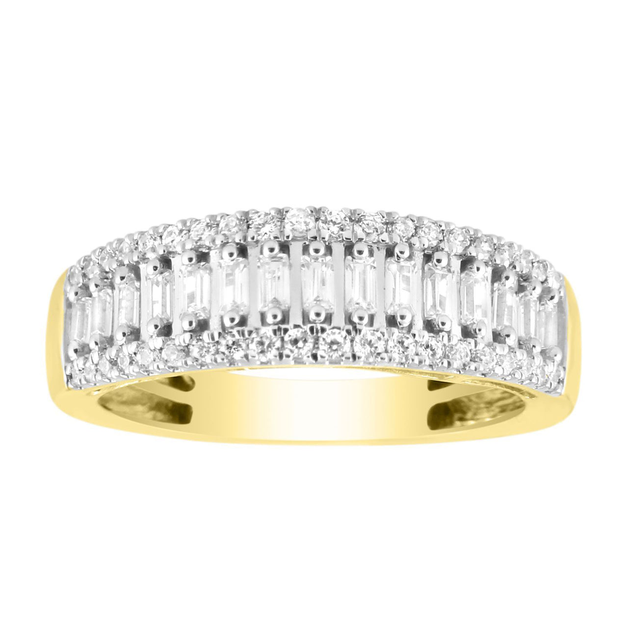 LADIES DIAMOND BAND 1/2 CT ROUND/BAGUETTE DIAMOND 10K YELLOW GOLD