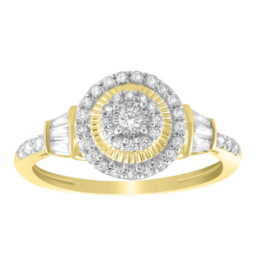LADIES DIAMOND RING 1/2 CT ROUND/BAGUETTE DIAMOND 10K YELLOW GOLD