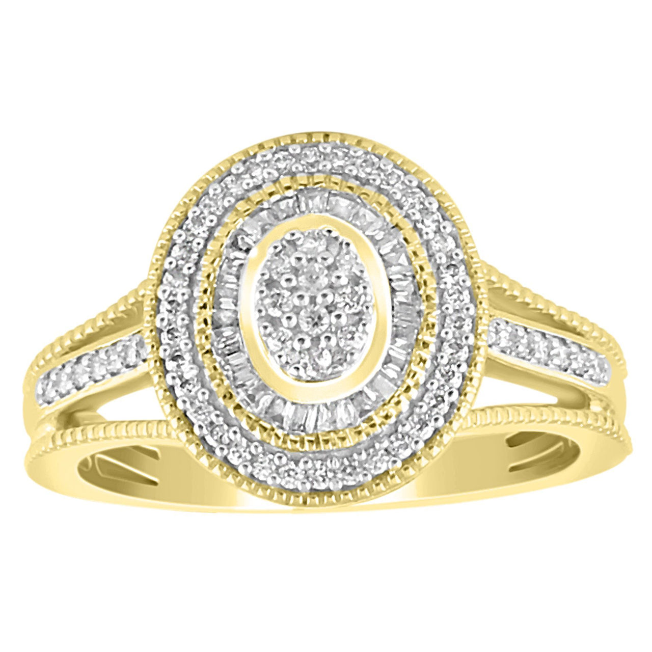 LADIES DIAMOND RING 1/3 CT ROUND/BAGUETTE DIAMOND 10K YELLOW GOLD