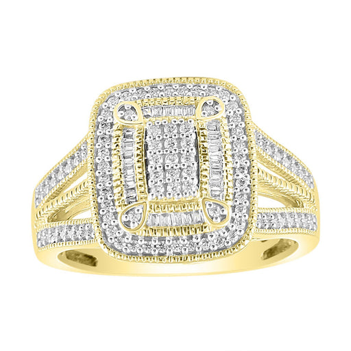 LADIES DIAMOND RING 1/3 CT ROUND/BAGUETTE DIAMOND 10K YELLOW GOLD