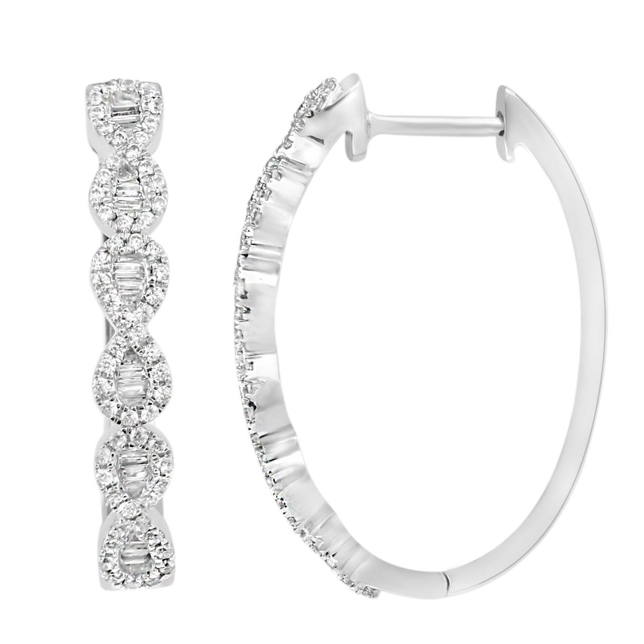 LADIES HOOPS 1/2 CT ROUND/BAGUETTE DIAMOND 10K WHITE GOLD