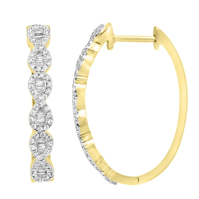 LADIES HOOPS 1/2 CT ROUND/BAGUETTE DIAMOND 10K YELLOW GOLD