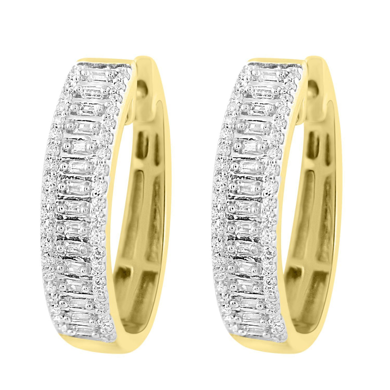 LADIES HOOPS 1/2 CT ROUND/BAGUETTE DIAMOND 10K YELLOW GOLD