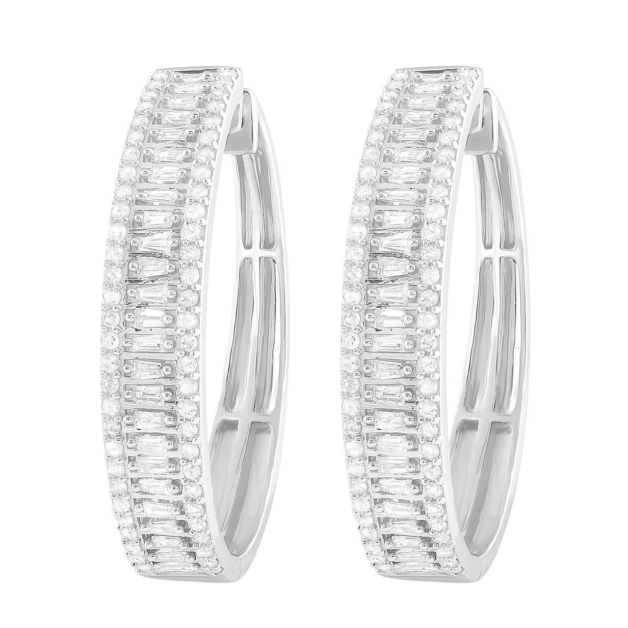LADIES HOOPS 1 1/2 CT ROUND/BAGUETTE DIAMOND 10K WHITE GOLD