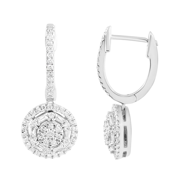 LADIES DIAMOND EARRING 1/2 CT ROUND/BAGUETTE DIAMOND 10K WHITE GOLD