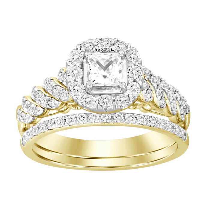 LADIES BRIDAL RING SET 1 CT ROUND/PRINCESS DIAMOND 14K YELLOW GOLD