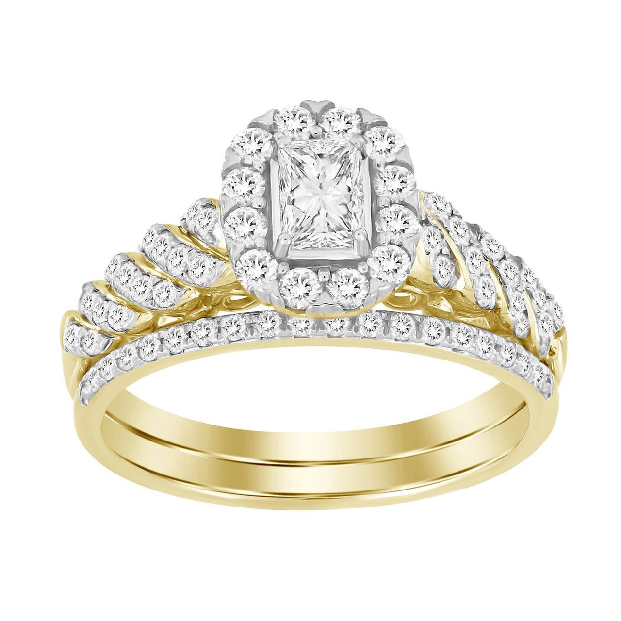 LADIES BRIDAL RING SET 1 CT ROUND/BAGUETTE DIAMOND 14K YELLOW GOLD