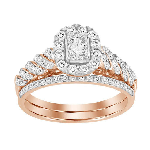 LADIES BRIDAL RING SET 1 CT ROUND/BAGUETTE DIAMOND 14K ROSE GOLD