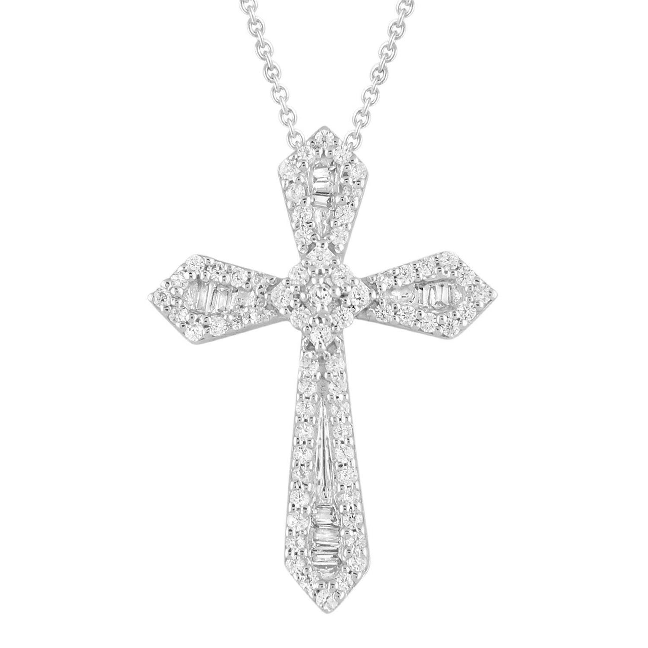 LADIES CROSS PENDANT 1/4 CT ROUND/BAGUETTE DIAMOND 10K WHITE GOLD