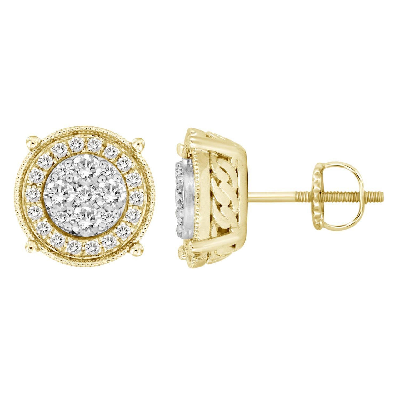MEN'S EARRINGS 1 CT ROUND DIAMOND 10K YELLOW GOLD