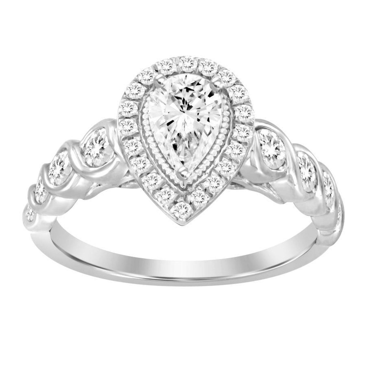 LADIES RING 1 CT ROUND/PEAR DIAMOND 14K WHITE GOLD