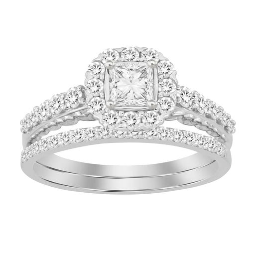 LADIES BRIDAL RING SET 1 CT ROUND/PRINCESS DIAMOND 14K WHITE GOLD