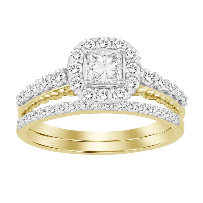 LADIES BRIDAL RING SET 1 CT ROUND/PRINCESS DIAMOND 14K YELLOW GOLD