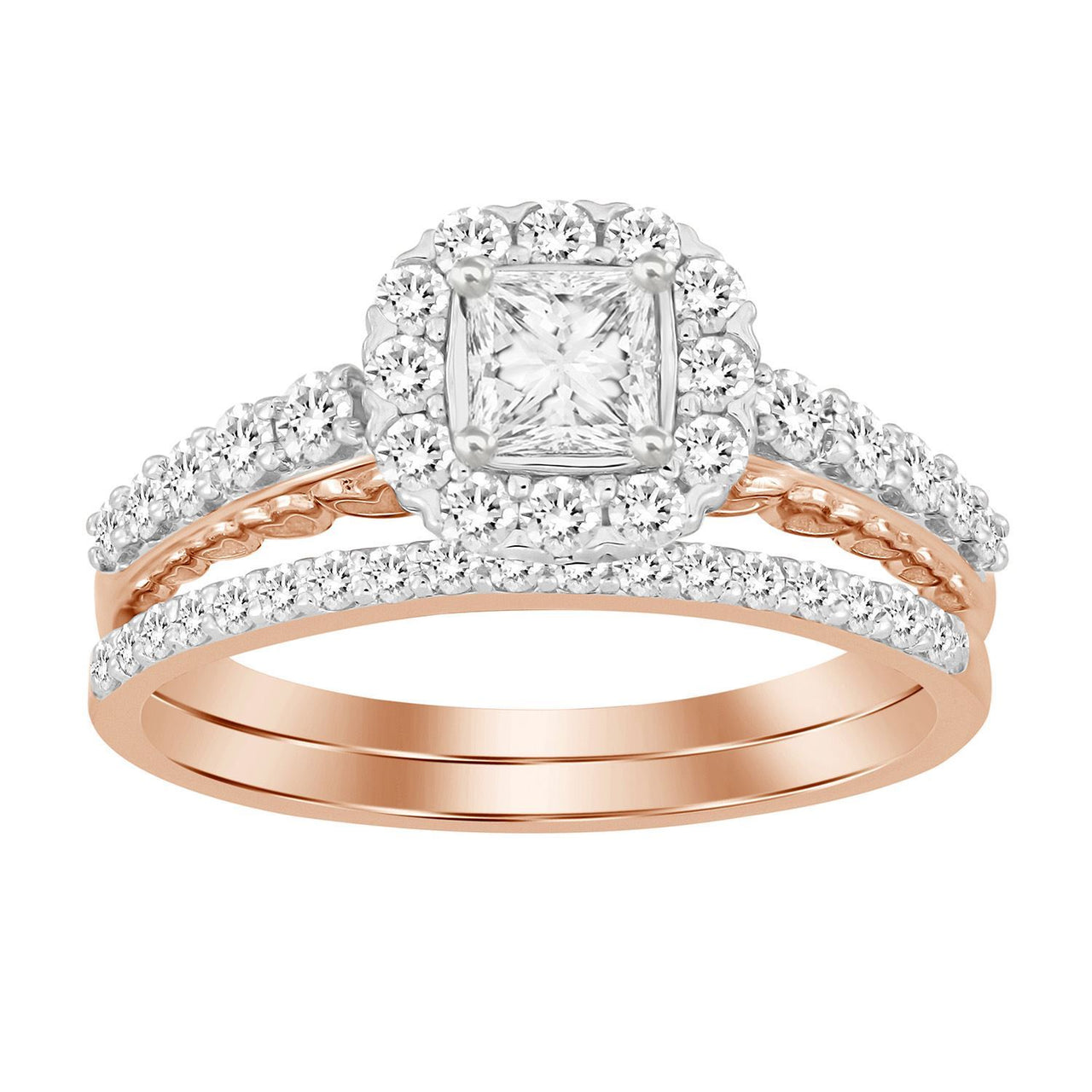 LADIES BRIDAL RING SET 1 CT ROUND/PRINCESS DIAMOND 14K ROSE GOLD