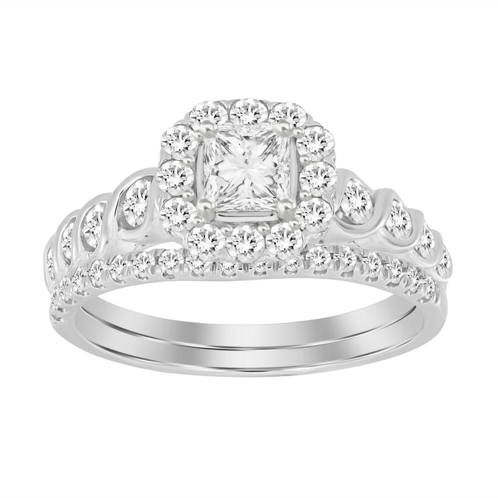 LADIES BRIDAL RING SET 1 CT ROUND/PRINCESS DIAMOND 14K WHITE GOLD