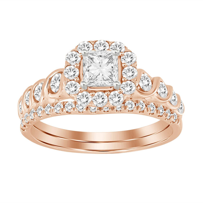 LADIES BRIDAL RING SET 1 CT ROUND/PRINCESS DIAMOND 14K ROSE GOLD