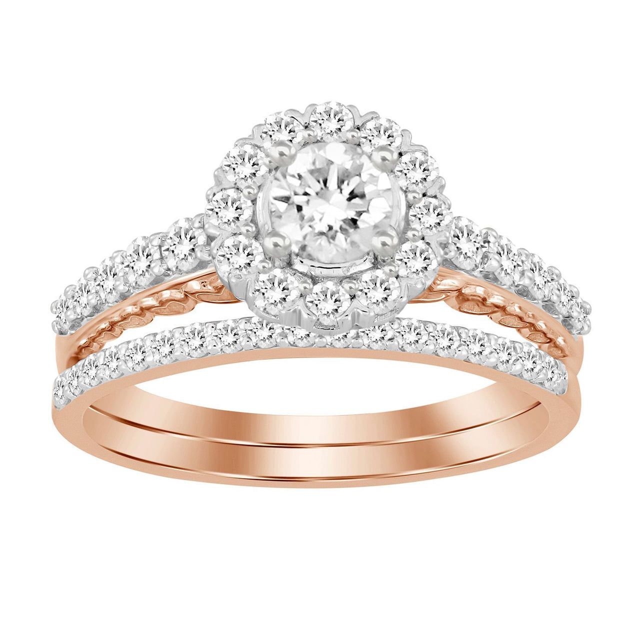 LADIES BRIDAL RING SET 1 CT ROUND DIAMOND 14K ROSE GOLD