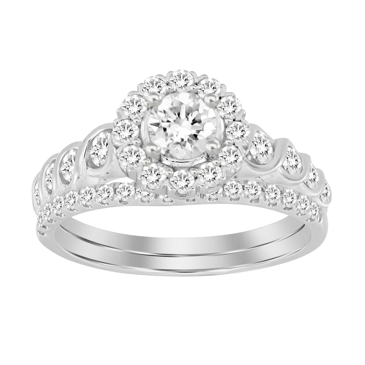 LADIES BRIDAL RING SET 1 CT ROUND DIAMOND 14K WHITE GOLD