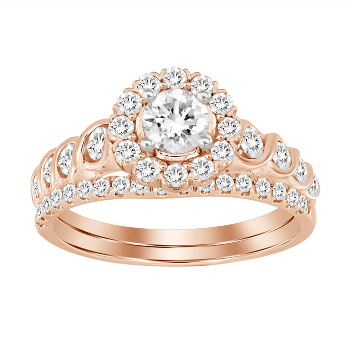 LADIES BRIDAL RING SET 1 CT ROUND DIAMOND 14K ROSE GOLD