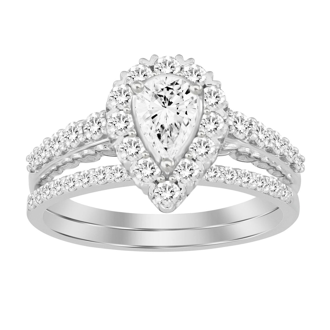 LADIES BRIDAL RING SET 1 CT ROUND/PEAR DIAMOND 14K WHITE GOLD