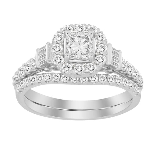 LADIES BRIDAL RING SET 1 CT ROUND/PRINCESS/BAGUETTE DIAMOND 14K WHITE GOLD