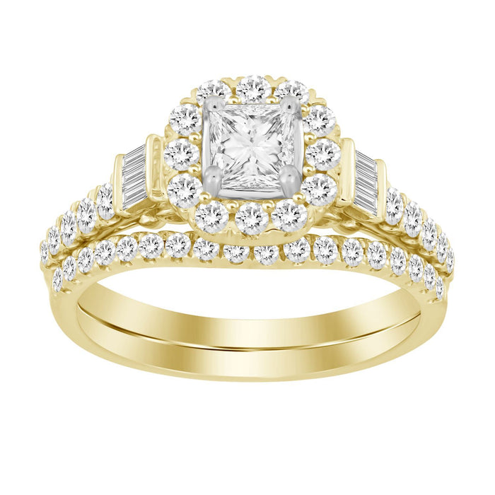 LADIES BRIDAL RING SET 1 CT ROUND/PRINCESS/BAGUETTE DIAMOND 14K YELLOW GOLD