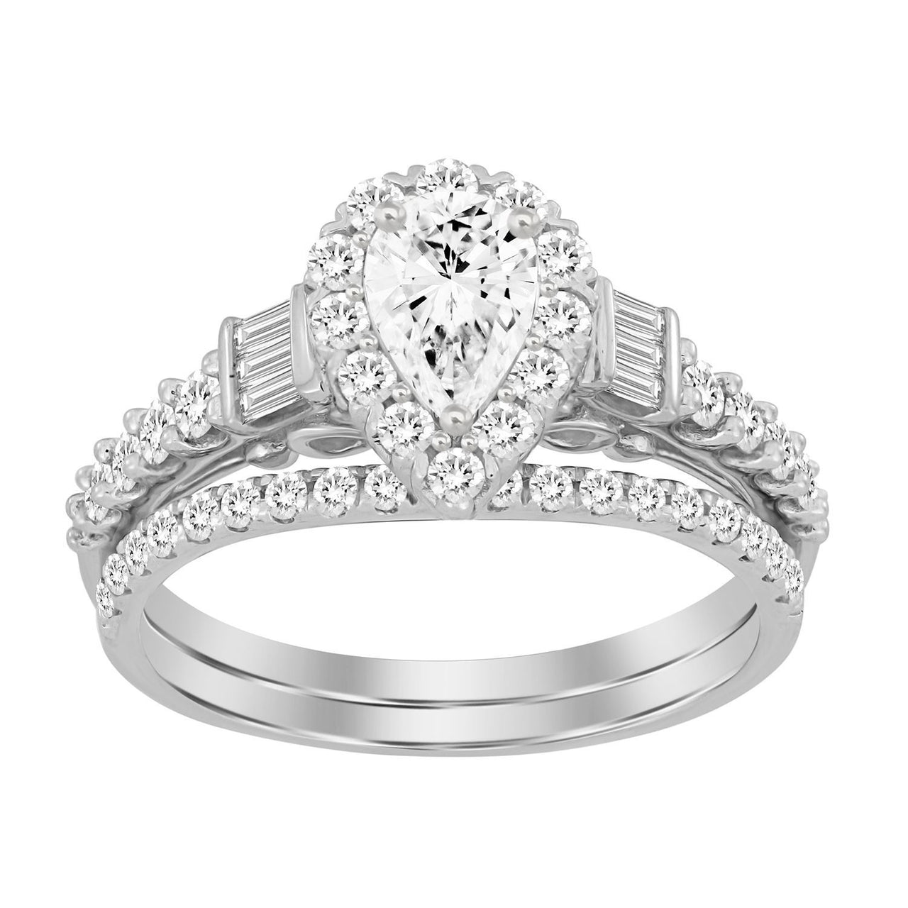 LADIES BRIDAL RING SET 1 CT ROUND/PEAR/BAGUETTE DIAMOND 14K WHITE GOLD