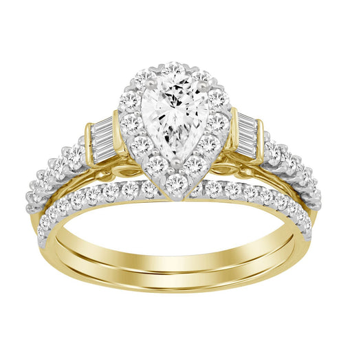 LADIES BRIDAL RING SET 1 CT ROUND/PEAR/BAGUETTE DIAMOND 14K YELLOW GOLD