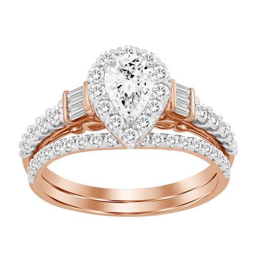 LADIES BRIDAL RING SET 1 CT ROUND/PEAR/BAGUETTE DIAMOND 14K ROSE GOLD