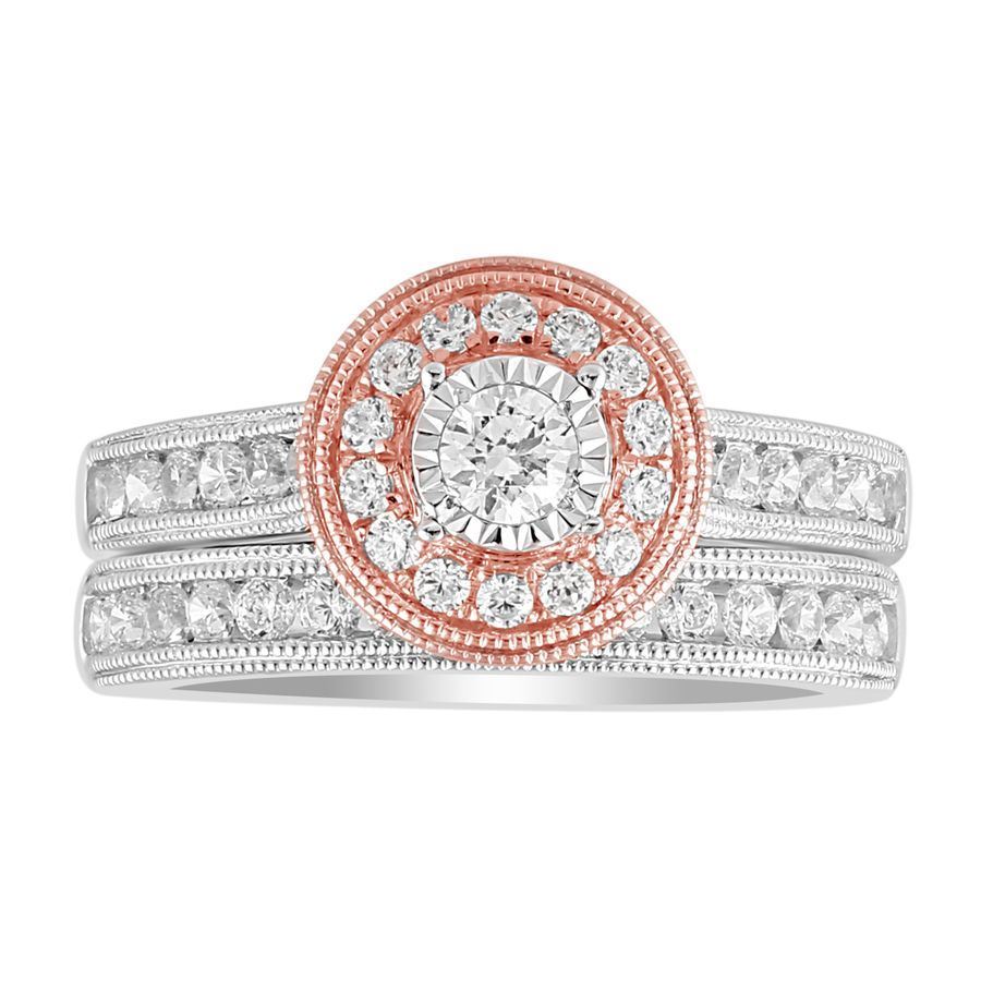 LADIES BRIDAL RING SET 1 CT ROUND DIAMOND 14K TT WHITE & ROSE GOLD