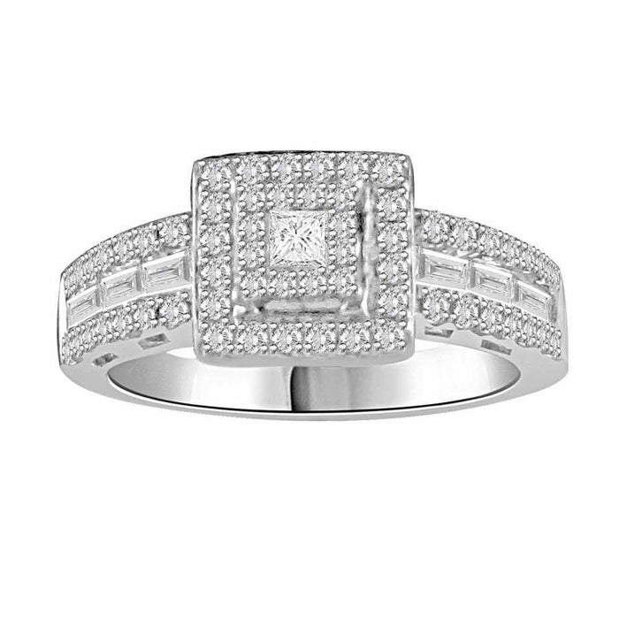 LADIES RING 1 CT ROUND/PRINCESS/BAGUETTE DIAMOND 14K WHITE GOLD