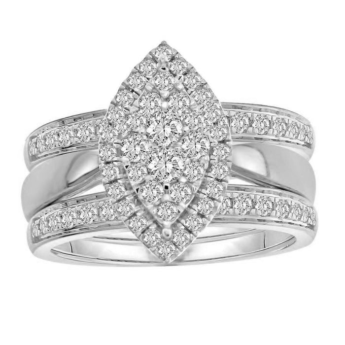 LADIES BRIDAL RING SET 1 CT ROUND DIAMOND 14K WHITE GOLD- WITH EXTRA BAND