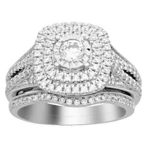 LADIES BRIDAL RING SET 1 CT ROUND DIAMOND 14K WHITE GOLD