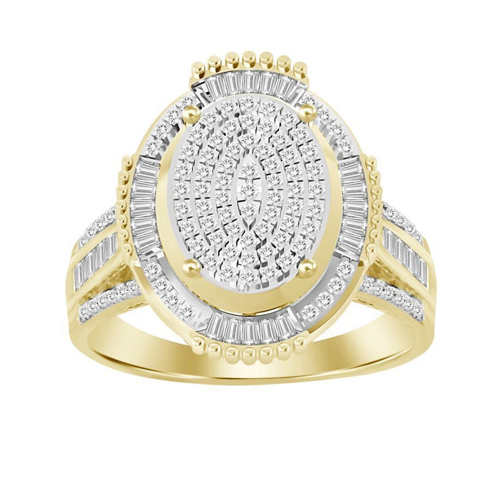 LADIES RING 1/2 CT ROUND/BAGUETTE DIAMOND 10K YELLOW GOLD