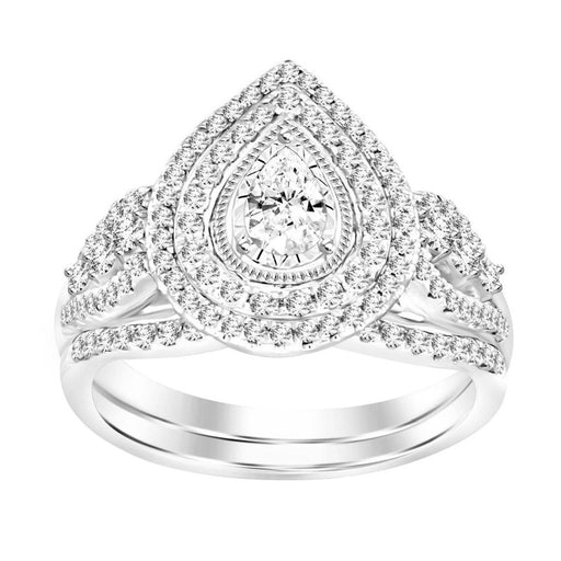 LADIES BRIDAL RING SET 3/4 CT ROUND/PEAR DIAMOND 14K WHITE GOLD