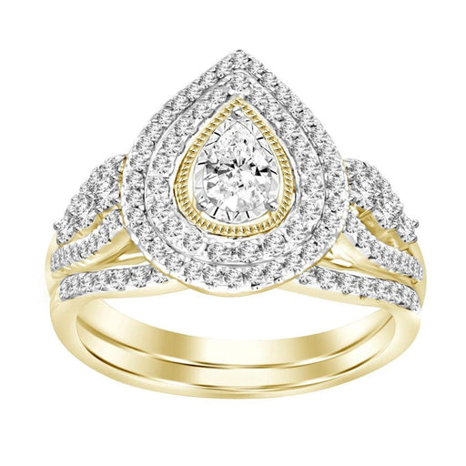 LADIES BRIDAL RING SET 3/4 CT ROUND/PEAR DIAMOND 14K YELLOW GOLD