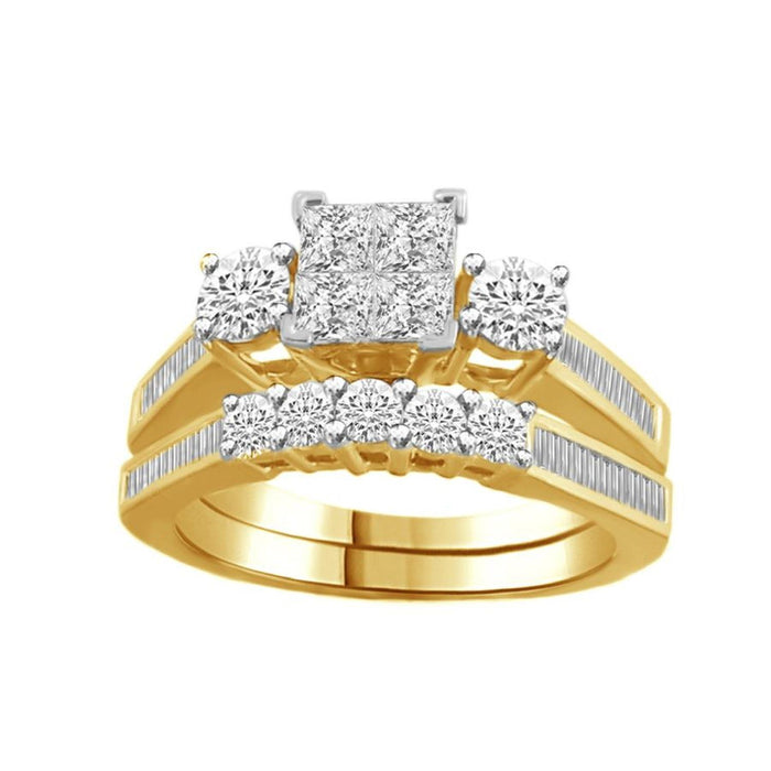 LADIES BRIDAL RING SET 1 1/2 CT ROUND/PRINCESS/BAGUETTE DIAMOND 14K YELLOW GOLD