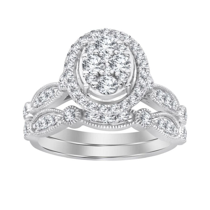 LADIES BRIDAL RING SET 1 CT ROUND DIAMOND 14K WHITE GOLD