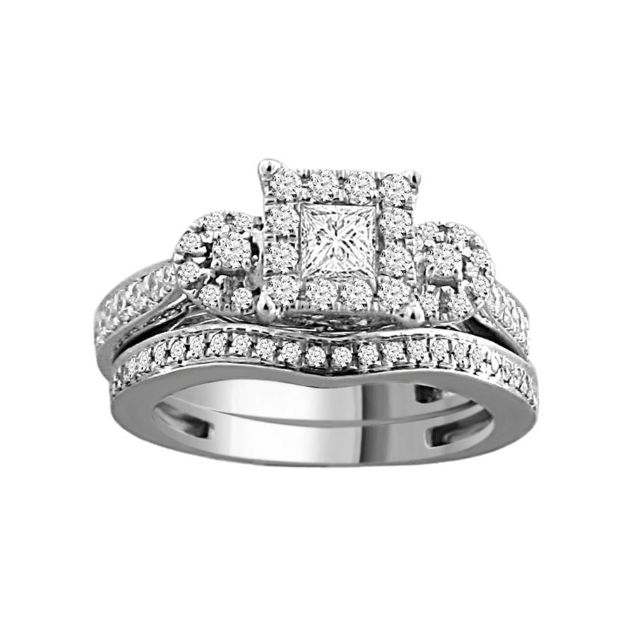 LADIES BRIDAL RING SET 1 CT ROUND DIAMOND 14K WHITE GOLD
