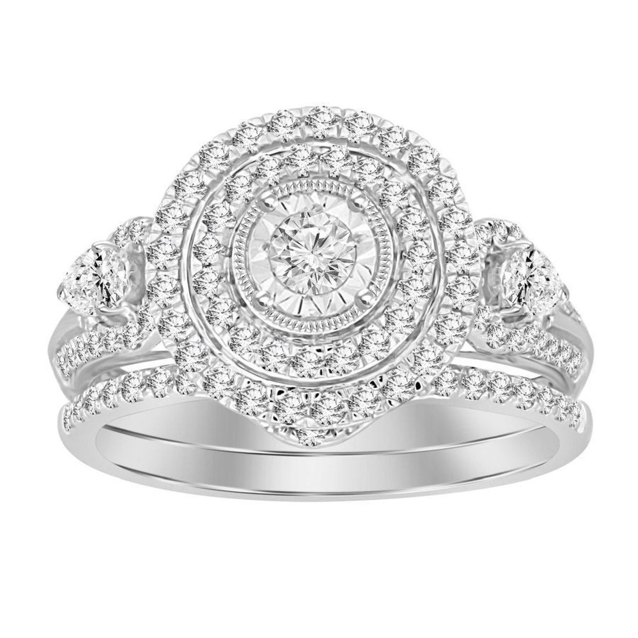 LADIES BRIDAL RING SET 1 CT ROUND/PEAR DIAMOND 14K WHITE GOLD