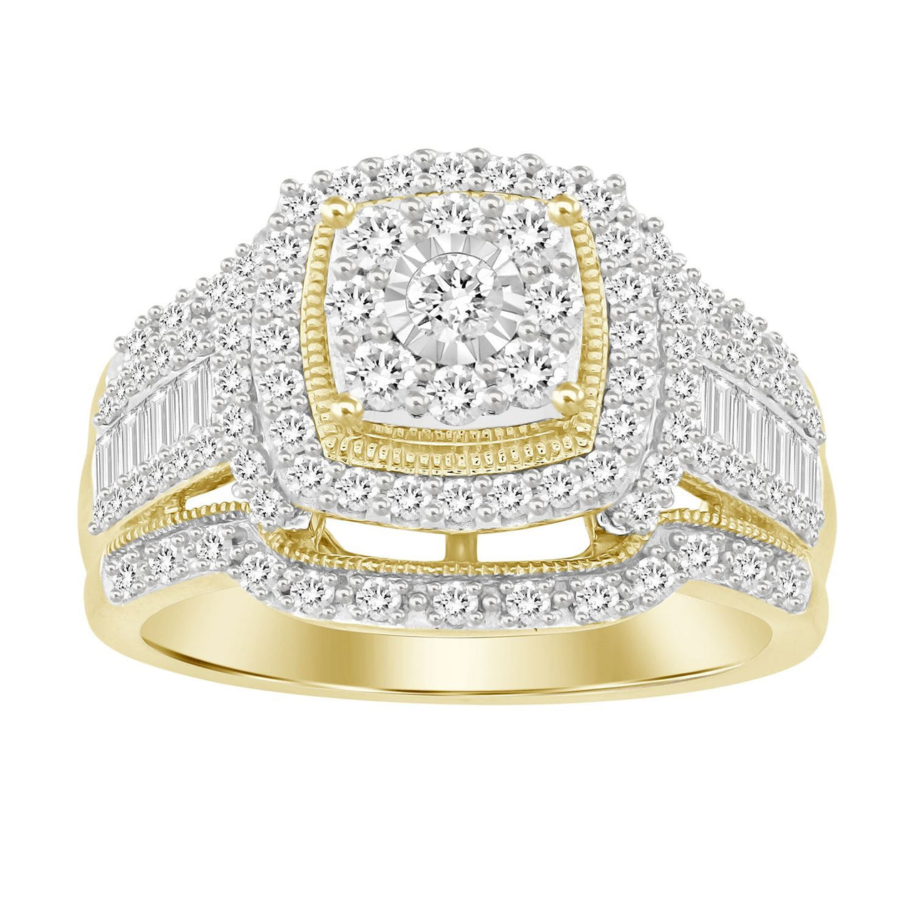 LADIES RING 1 CT ROUND/BAGUETTE DIAMOND 10K YELLOW GOLD