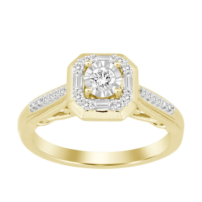 LADIES RING 1/4 CT ROUND/BAGUETTE DIAMOND 10K YELLOW GOLD