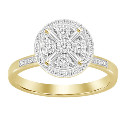 LADIES RING 1/4 CT ROUND/BAGUETTE DIAMOND 10K YELLOW GOLD