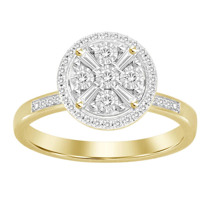 LADIES RING 1/4 CT ROUND/BAGUETTE DIAMOND 10K YELLOW GOLD