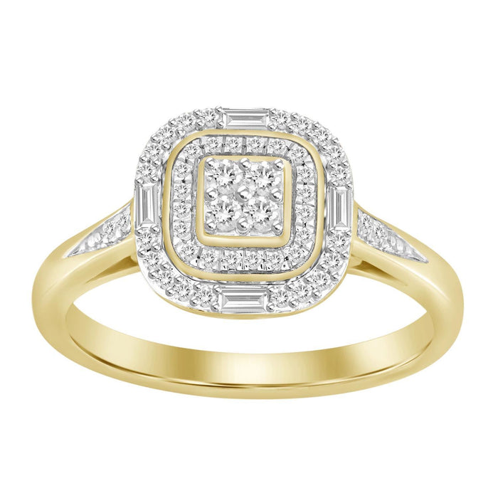 LADIES RING 1/4 CT ROUND/BAGUETTE DIAMOND 10K YELLOW GOLD