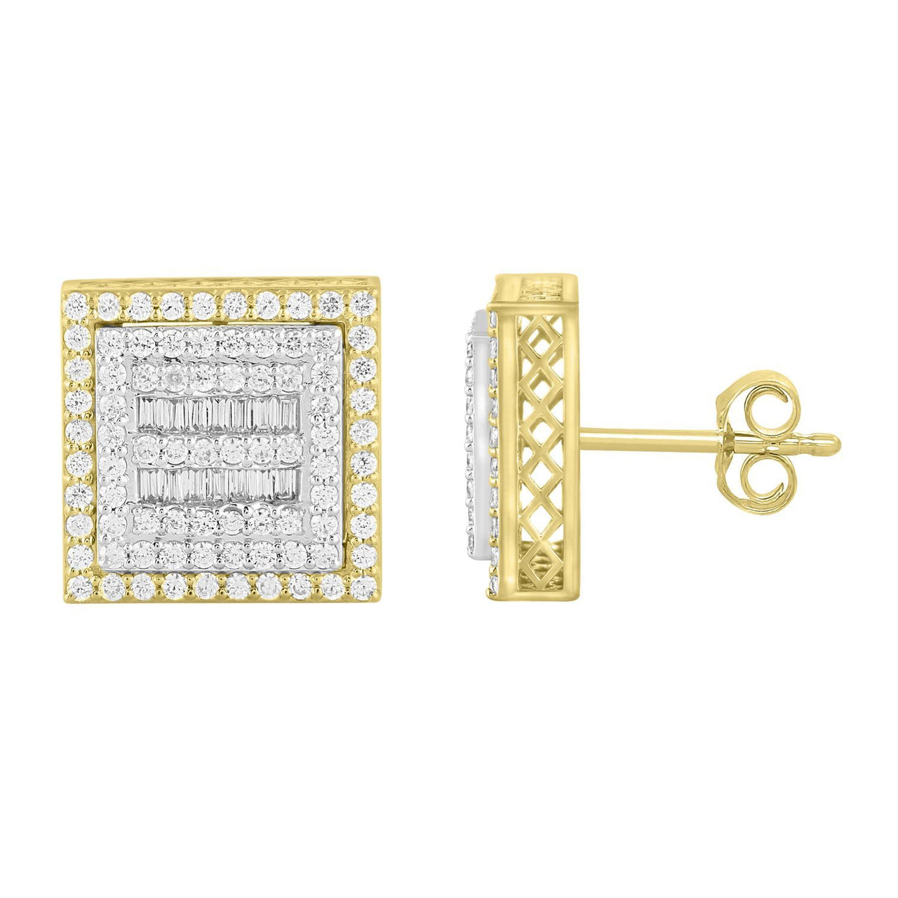 MEN'S EARRING 1 CT ROUND/BAGUETTE DIAMOND 10K YELLOW GOLD